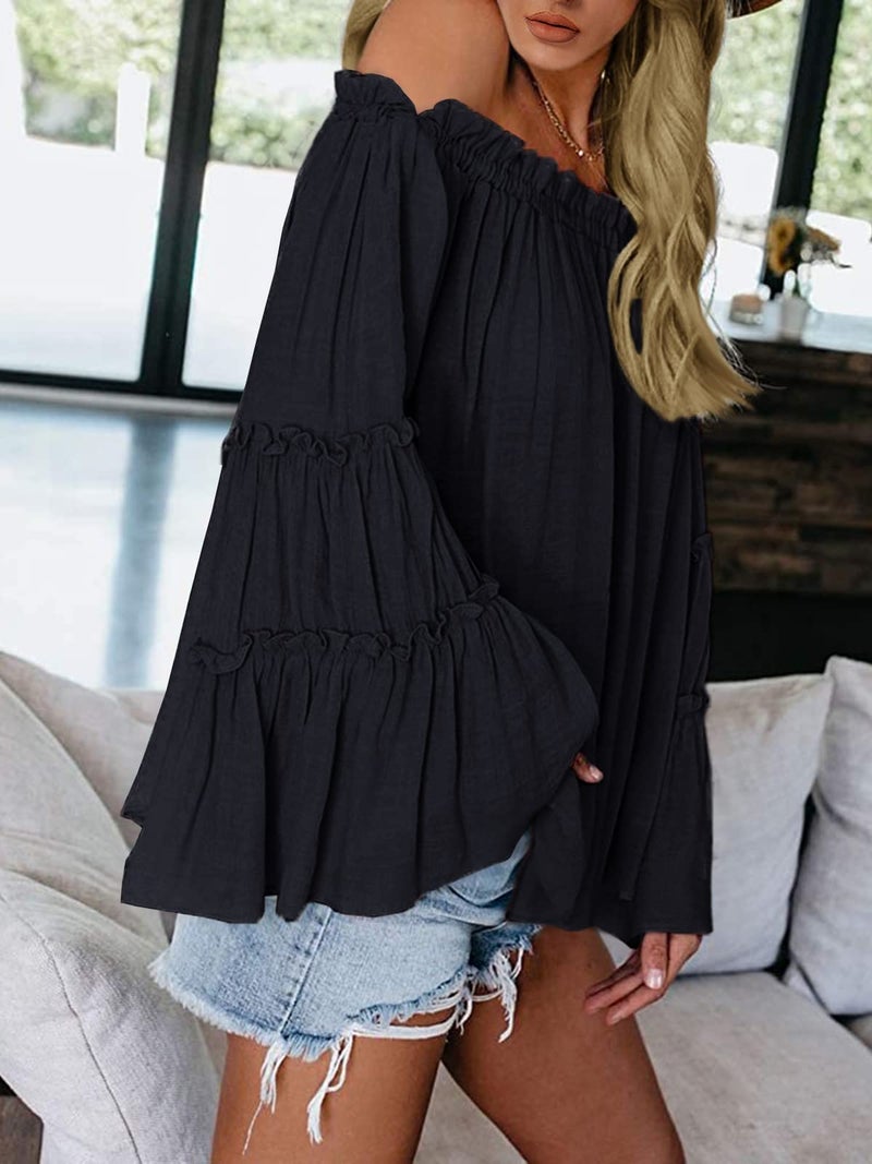 Farktop Womens Off The Shoulder Long Bell Sleeve Tops Flared Casual Loose Blouse Z Black - Image 2